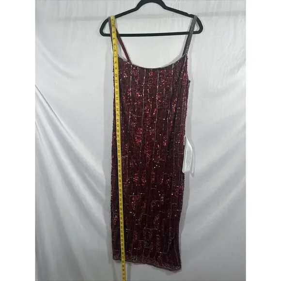 NEW $398 Mac Duggal [ 14 ] Beaded Spaghetti Strap Midi Slip Dress Burgundy